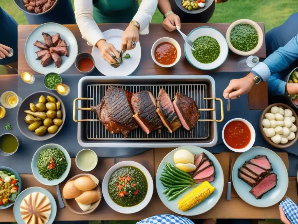 Tour virtual asado uruguayo: Deliciosa barbacoa rodeada de amigos disfrutando, con chimichurri y vegetales frescos en una soleada tarde de verano