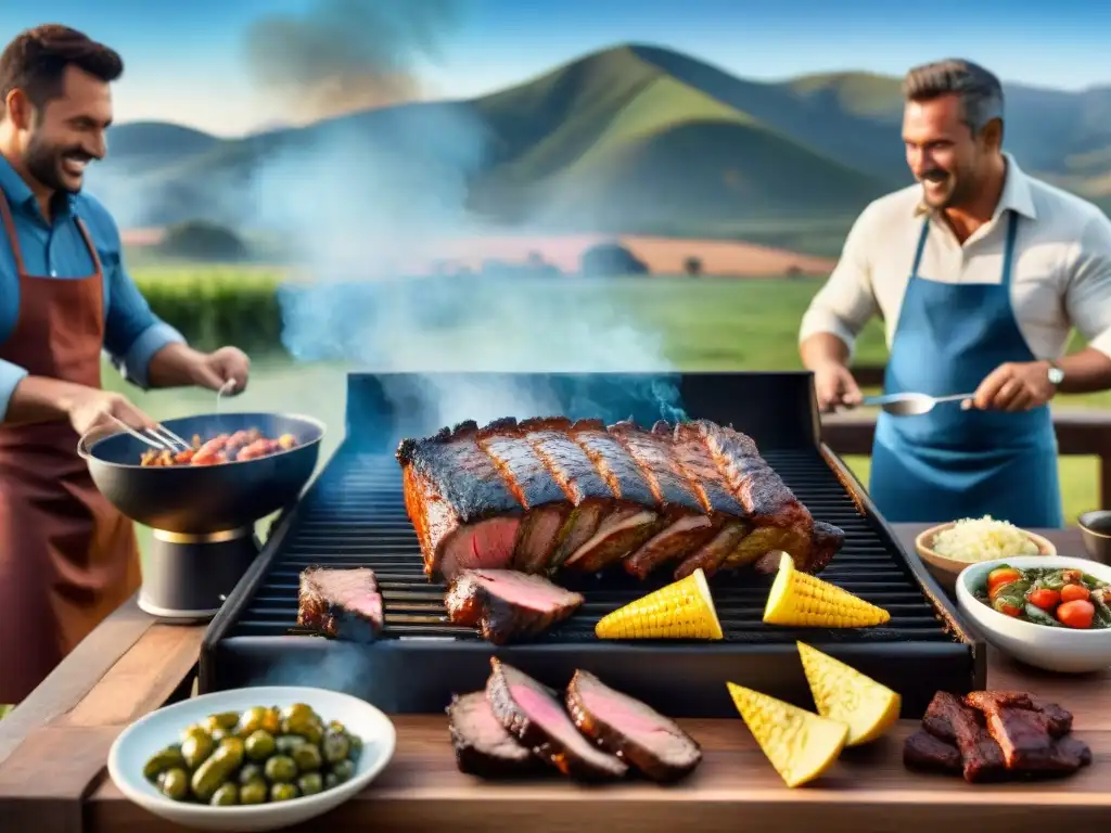 Tour virtual asado uruguayo único: Escena de asado tradicional con amigos y familia en el campo, carne sizzling y cielo azul