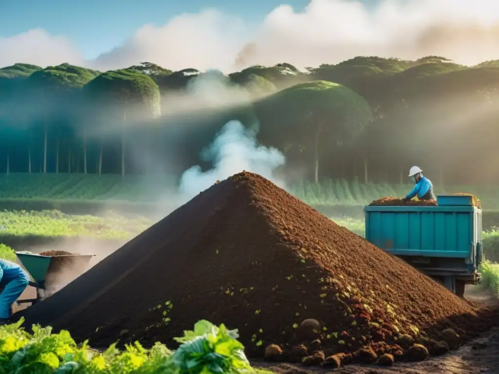 Trabajadores en planta de compostaje en Uruguay, clasificando residuos orgánicos con vapor y vegetación exuberante al fondo