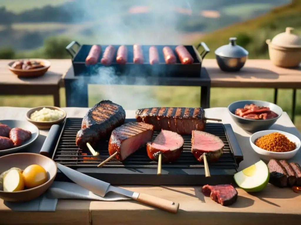 Disfrutando la tradición del asado uruguayo en el campo al atardecer, con amigos y familia alrededor de la parrilla