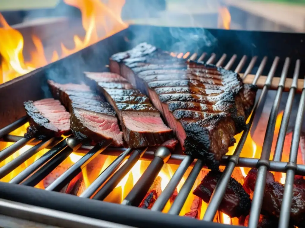 Deléitate con la tradición y sabor del asado uruguayo en una parrilla llena de cortes de carne a la parrilla