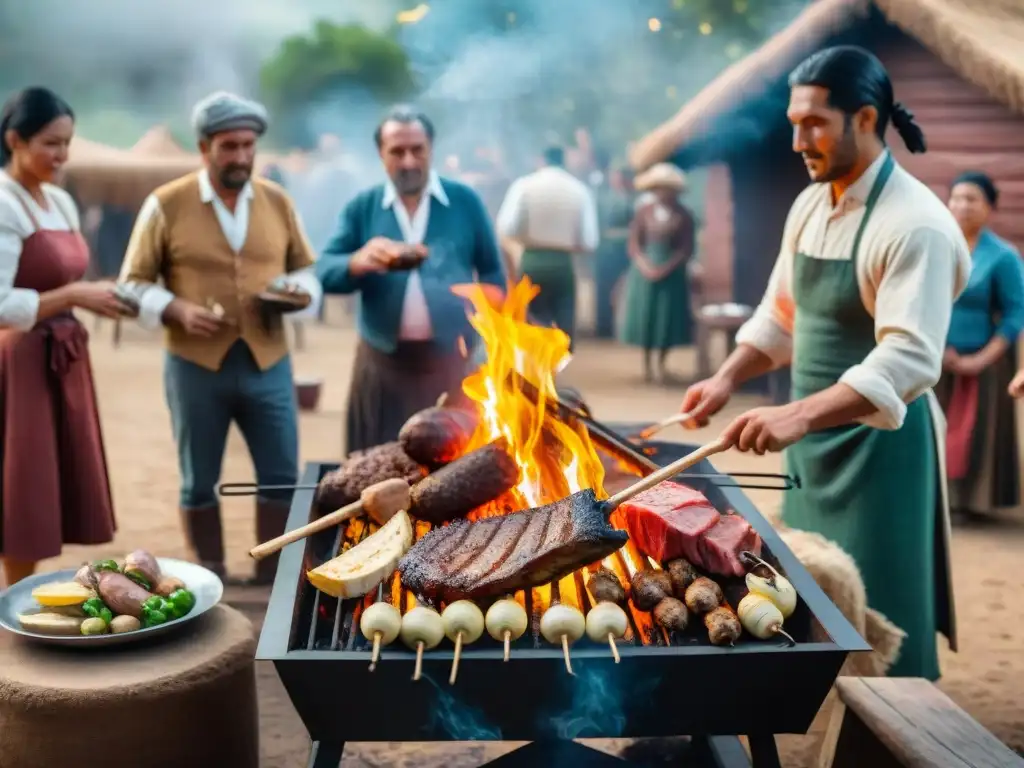 Preparación tradicional asado Uruguay: Escena colonial con gente alrededor de una parrilla grande asando carne en espetones