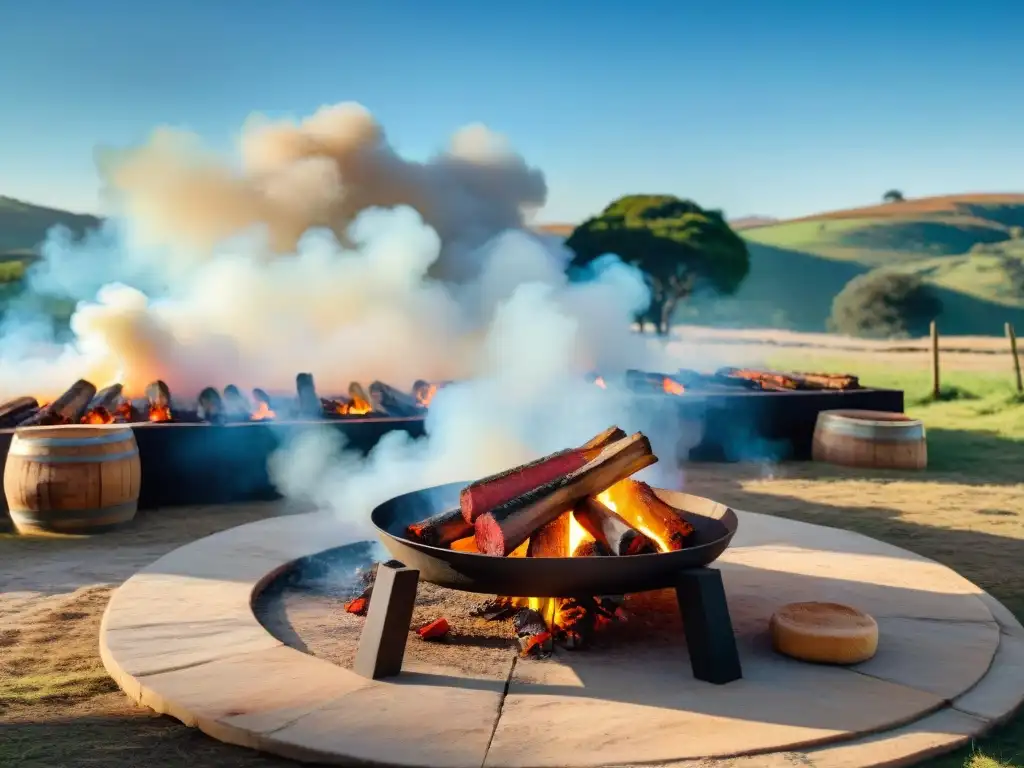 Un tradicional asado con cuero uruguayo se prepara al aire libre, con gauchos y condimentos típicos