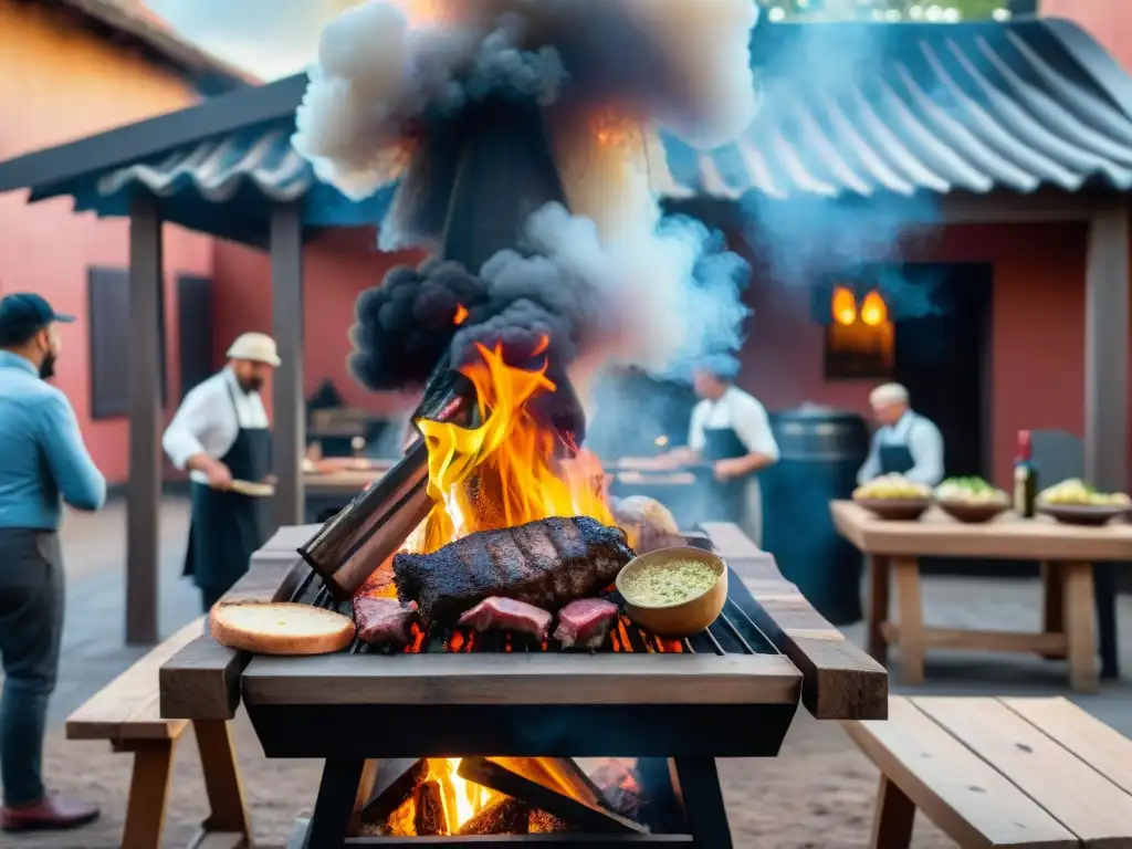 Preparación tradicional asado Uruguay en época colonial: gauchos cocinan carne al fuego mientras comensales disfrutan alrededor