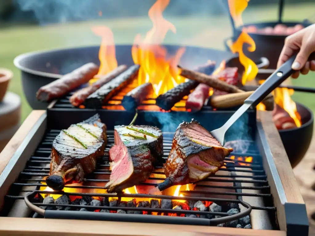 Un tradicional asado uruguayo cocinándose al aire libre con innovadoras recetas, carnes suculentas en la parrilla