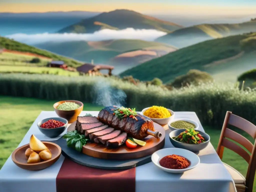 Asado uruguayo: tradición y sabor en el campo Un tradicional asado uruguayo al aire libre con amigos y familia, rodeado de naturaleza