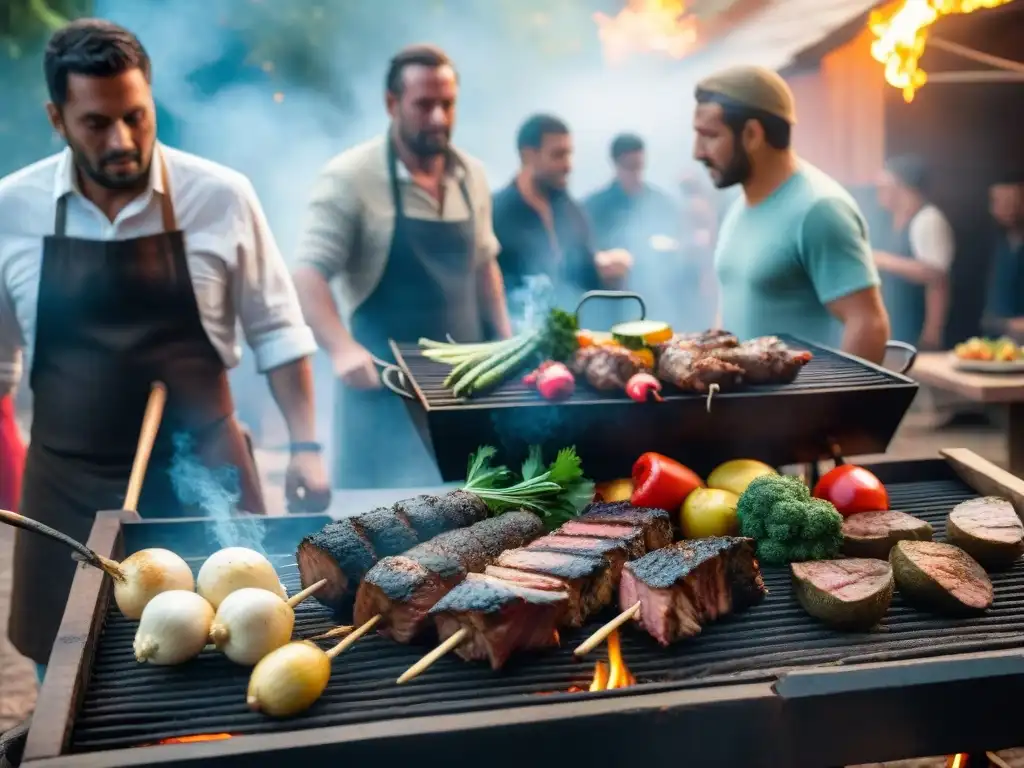 Tradicional asado uruguayo con amigos y familiares disfrutando de una comida alrededor de la parrilla al aire libre