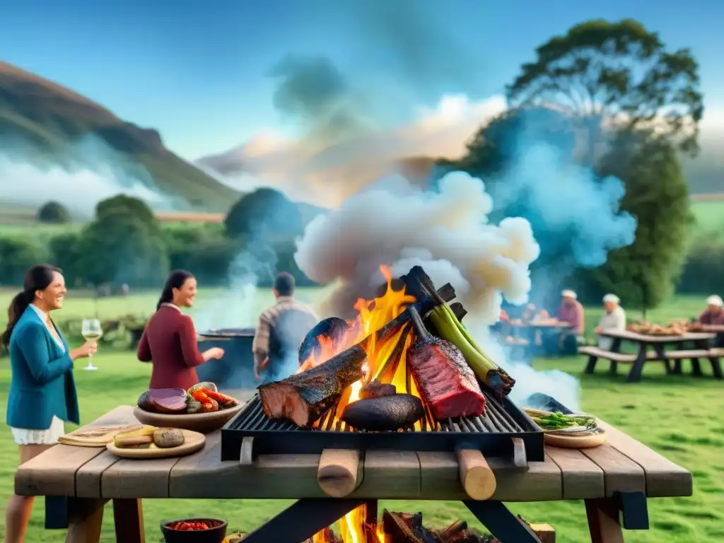 Un tradicional asado uruguayo con amigos y familia alrededor de la parrilla, compartiendo risas y camaradería en el campo