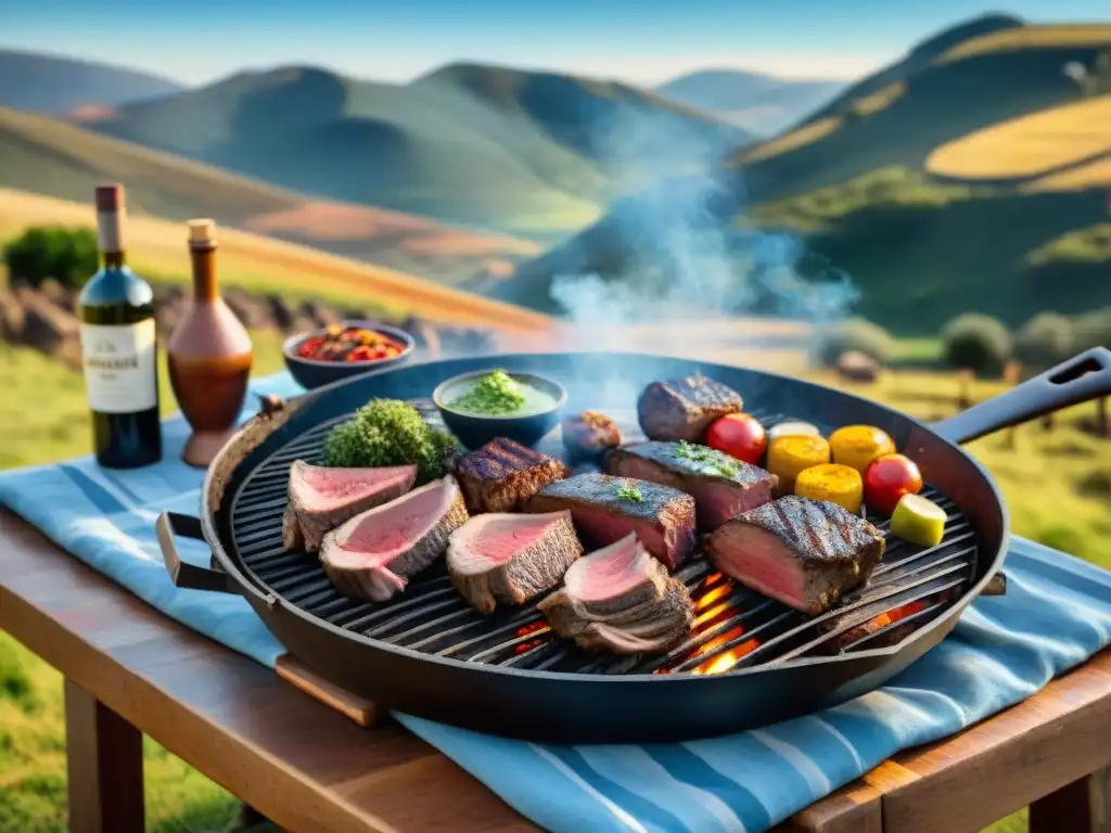 Disfruta del tradicional asado uruguayo con cortes de cordero a la parrilla en paisaje campestre