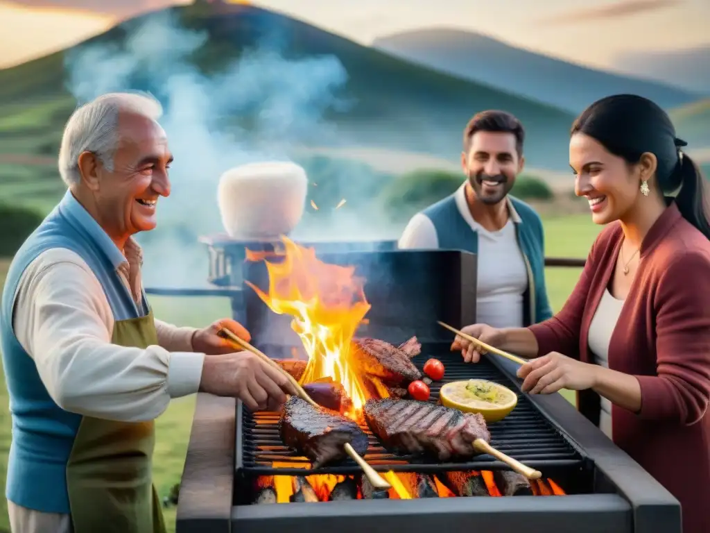 Tradicional asado uruguayo: generaciones se reúnen alrededor de la parrilla, el fuego dorado ilumina la escena campestre al atardecer