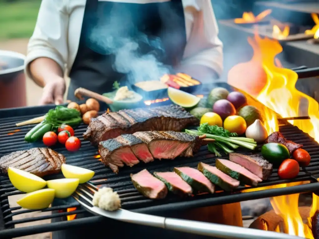 Lucía Soria expertamente asando un tradicional asado uruguayo, rodeada de carnes y chimichurri