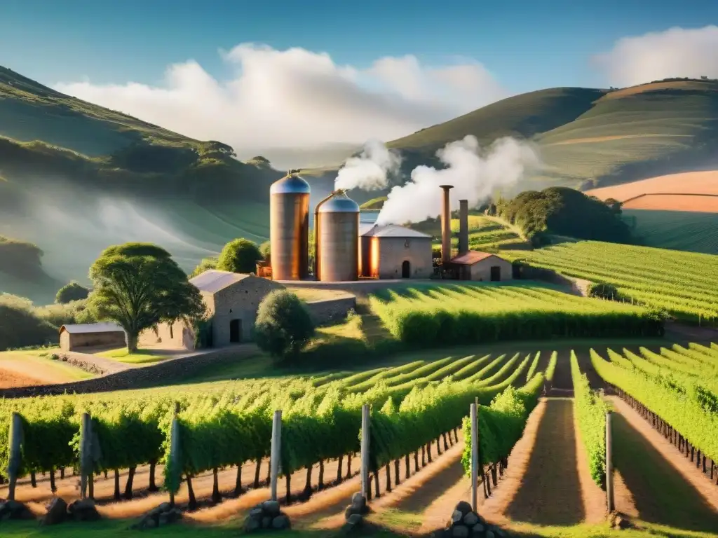 Un destilería tradicional uruguaya en el campo, con viñedos, alambiques y trabajadores elaborando grappa