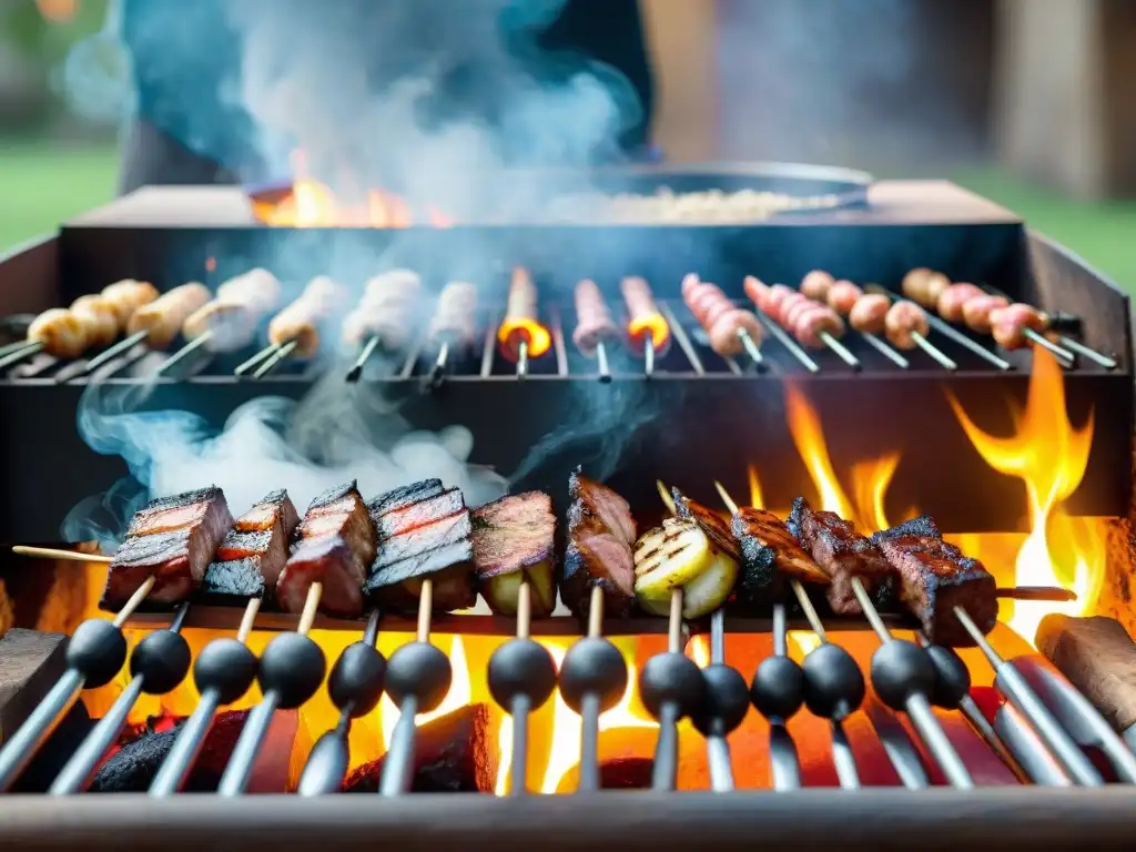 Preparación tradicional de chinchulín asado en parrilla uruguaya, con gauchos expertos