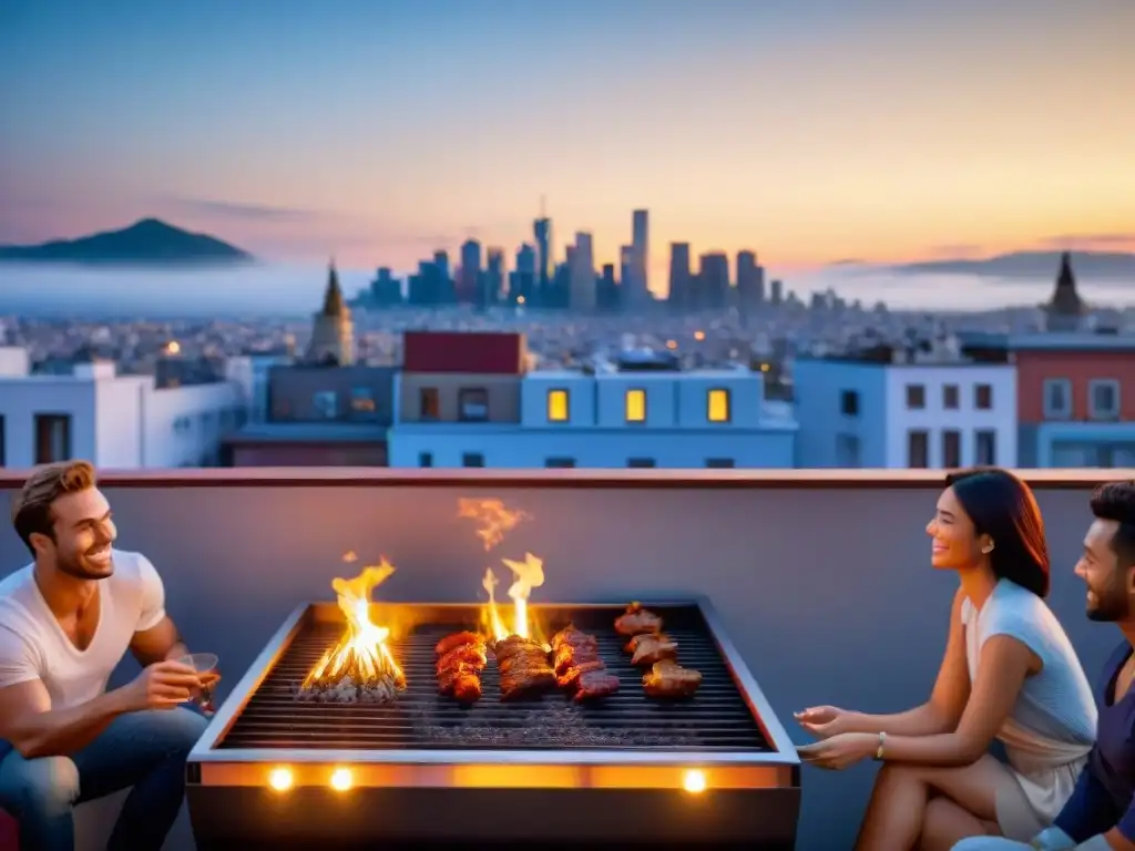 Un tranquilo asado en apartamentos sin humo al atardecer, vecinos sonrientes compartiendo una deliciosa comida en la azotea de la ciudad