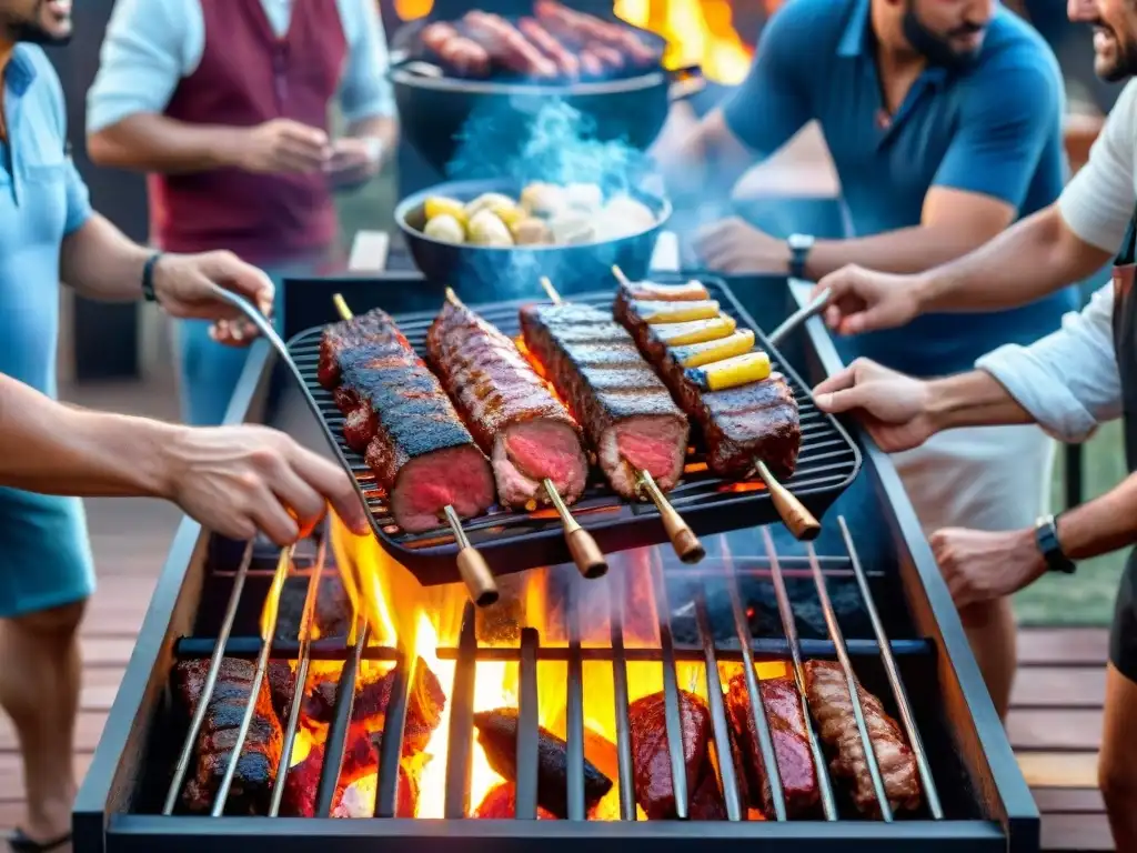 Turismo gastronómico asado uruguayo: Atmósfera vibrante de un asado con amigos al atardecer