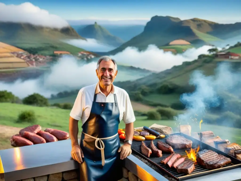 Juan, un uruguayo de mediana edad, sonríe junto a una parrilla cargada de deliciosos cortes y chorizos uruguayos, en un paisaje campestre