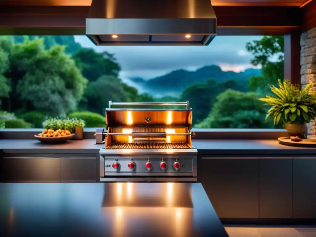 Usos sorprendentes parrilla alta gama en cocina exterior elegante al atardecer