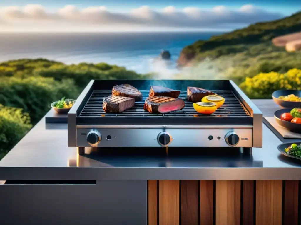 Usos sorprendentes parrilla alta gama en lujosa cocina exterior al atardecer en Uruguay