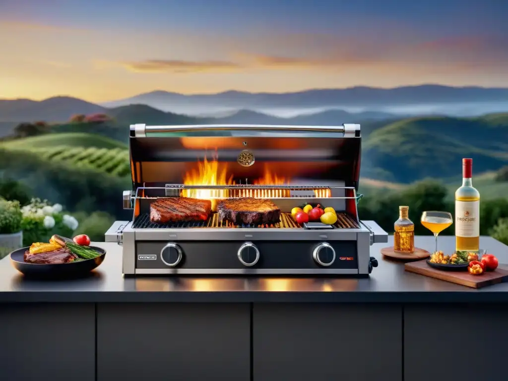 Utensilios para asado uruguayo en parrilla moderna con tecnología inteligente, paisaje al atardecer y accesorios profesionales iluminados