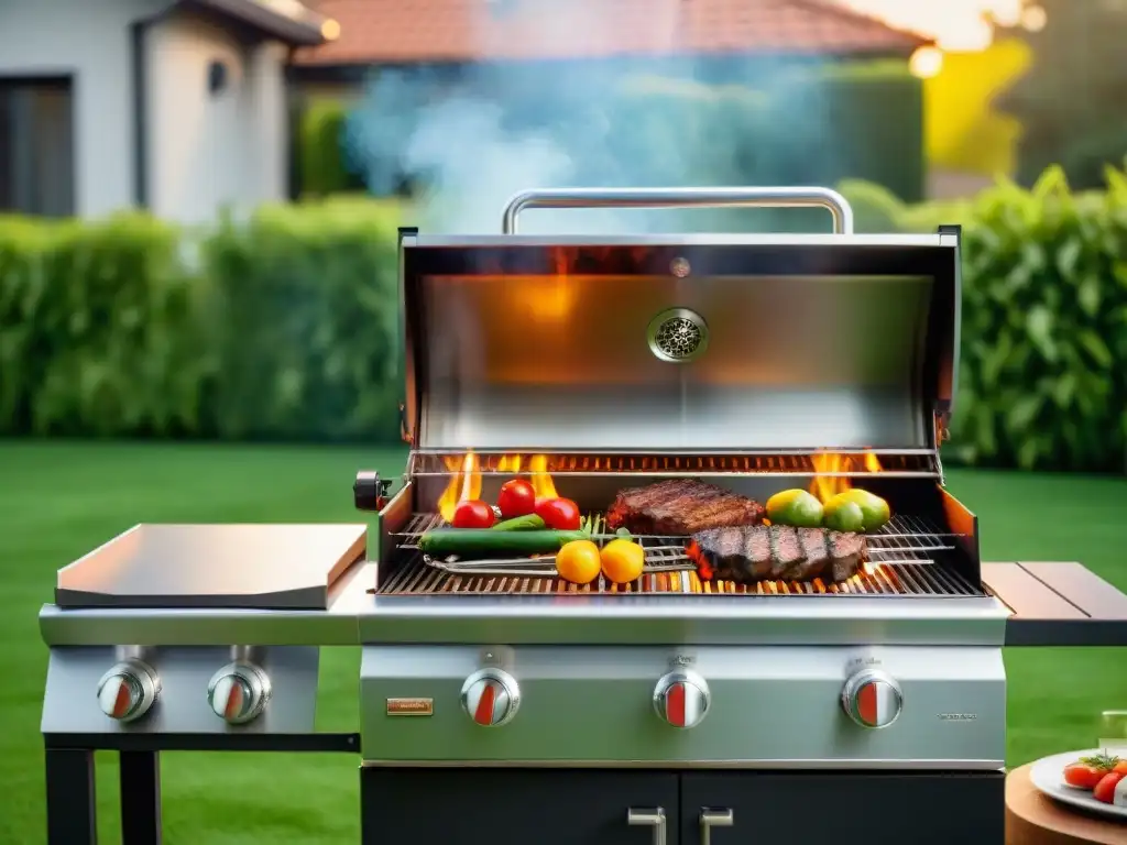 Utensilios para parrilla profesional en un patio trasero soleado al atardecer