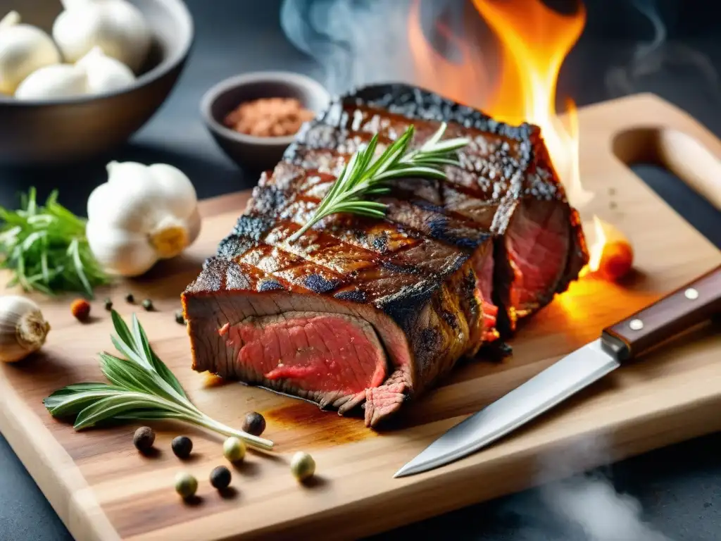 Un vacío asado uruguayo perfectamente cocinado en una parrilla, con hierbas frescas y ajo, en una escena rústica al atardecer