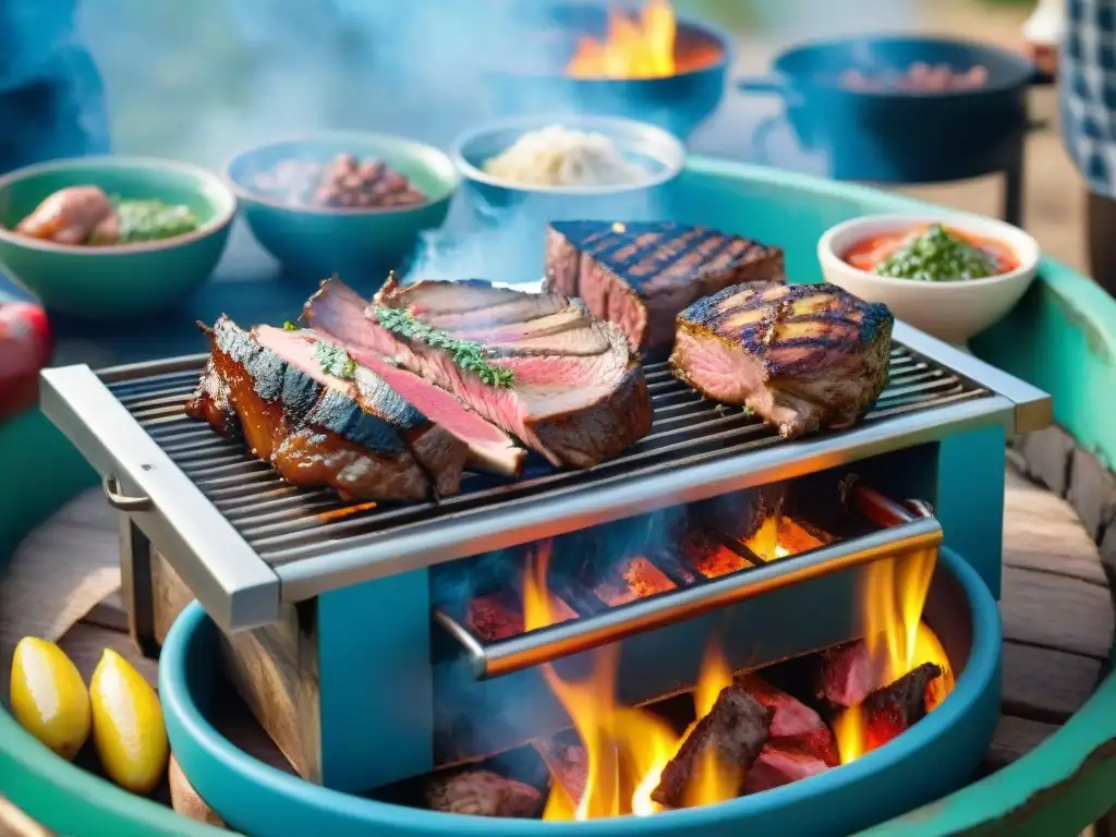 Variaciones del asado uruguayo: Parrilla tradicional llena de cortes de carne cocinándose, chimichurri colorido y gauchos en el campo