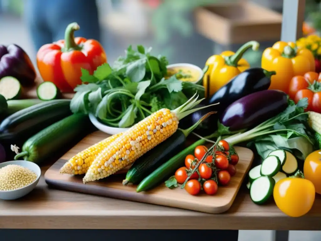 Una variada selección de ingredientes sostenibles para asado en un mercado de agricultores