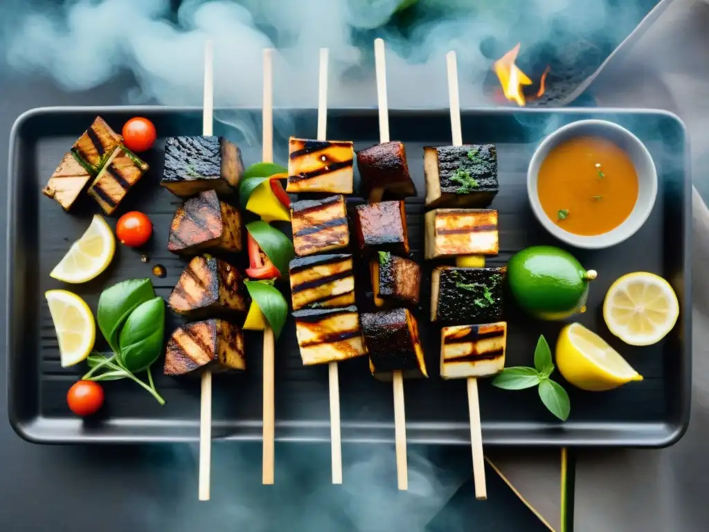 Variado festín de proteínas vegetales en parrilla: tofu, seitán y portobello, con marcas de grill y ahumado, ¡irresistible!