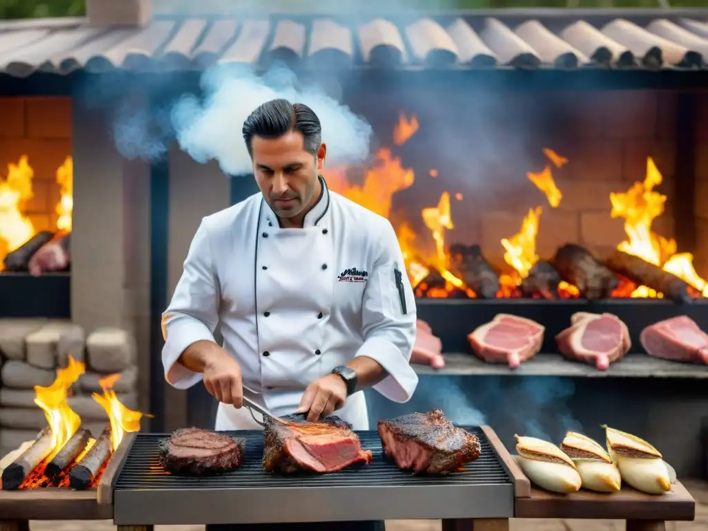 Chef Diego San Martín asando una variedad de cortes premium uruguayos sobre parrilla de asado