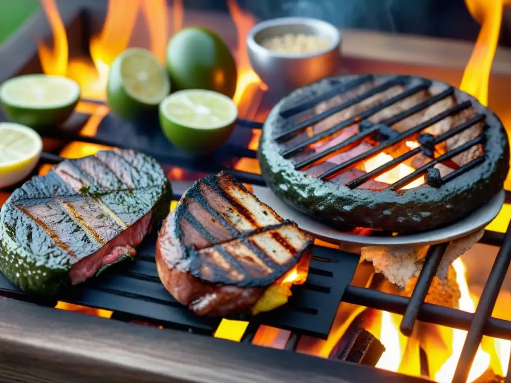 Una variedad de piedras para asar carnes en una mesa rústica, con texturas y colores únicos resaltados por la luz cálida del sol