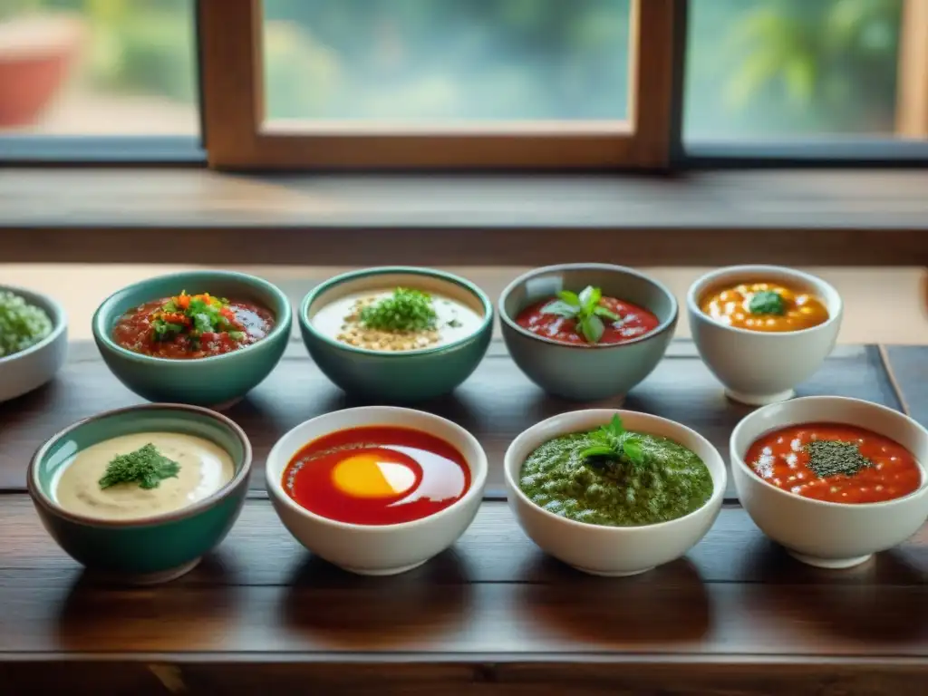 Variedad de salsas para asado uruguayo en cuencos de cerámica sobre mesa rústica, bañadas por luz de tarde cálida