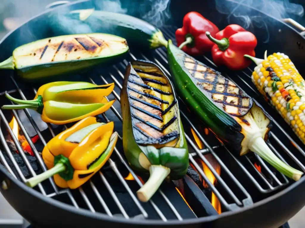 Una variedad de vegetales en el asado uruguayo, con bordes dorados y colores vibrantes, cocinándose en la parrilla con aroma tentador