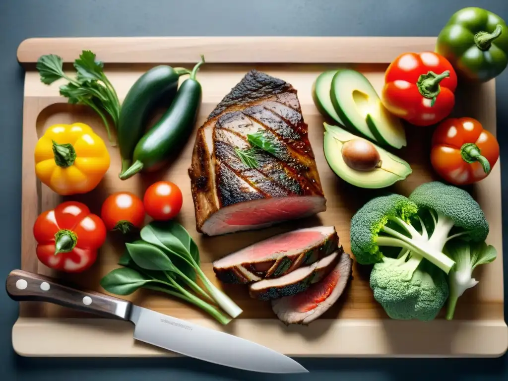 Una variedad de vegetales coloridos y cortes magros de carne en una tabla de cortar de madera, con un cuchillo de chef, en una cocina rústica