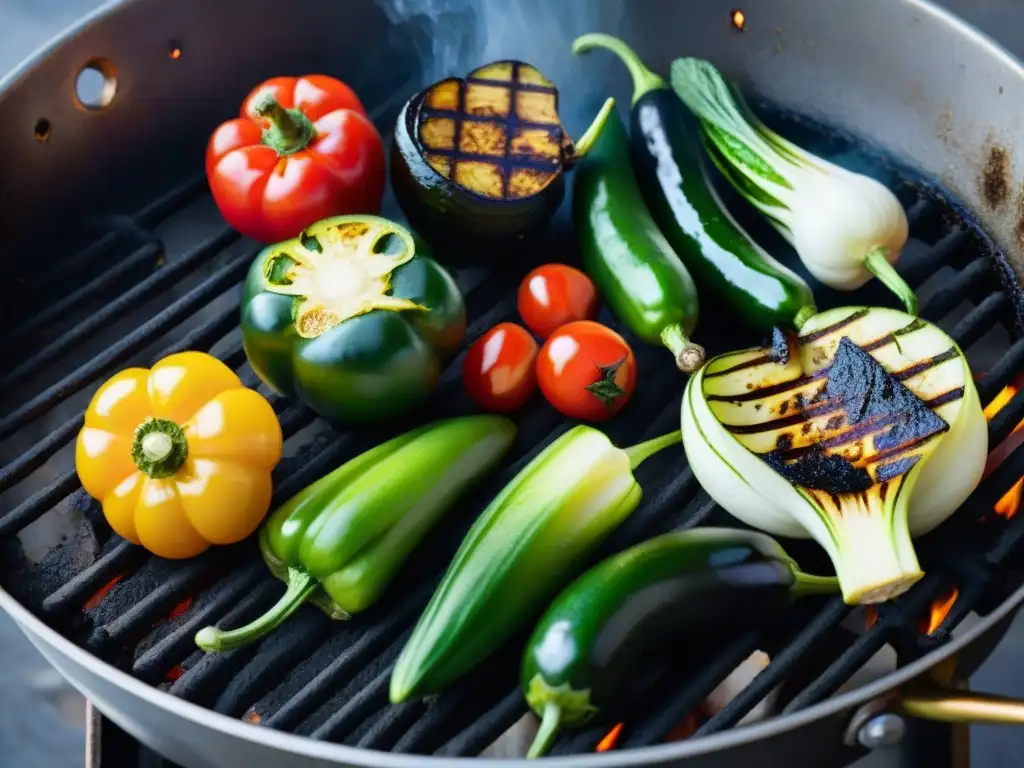 Una variedad de vegetales coloridos a la parrilla, con marcas de la parrilla y caramelización, ideal para recetas asado vegetal parrilla