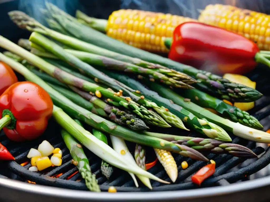 Una variedad de vegetales frescos y coloridos asándose en la parrilla, con marcas carbonizadas y humo, para los amantes de asados saludables