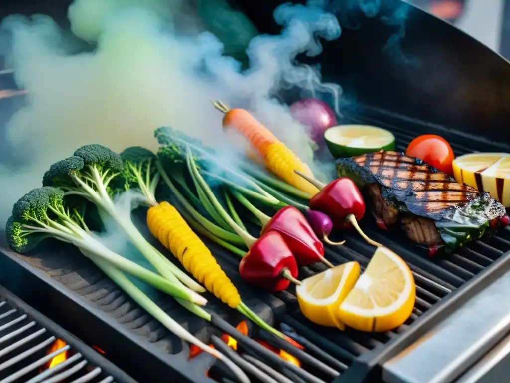 Una variedad de verduras coloridas asándose en la parrilla, con humo ascendente