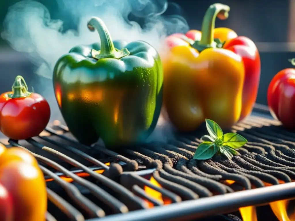 Una variedad vibrante de alimentos ricos en antioxidantes en la parrilla, con colores brillantes y humo aromático