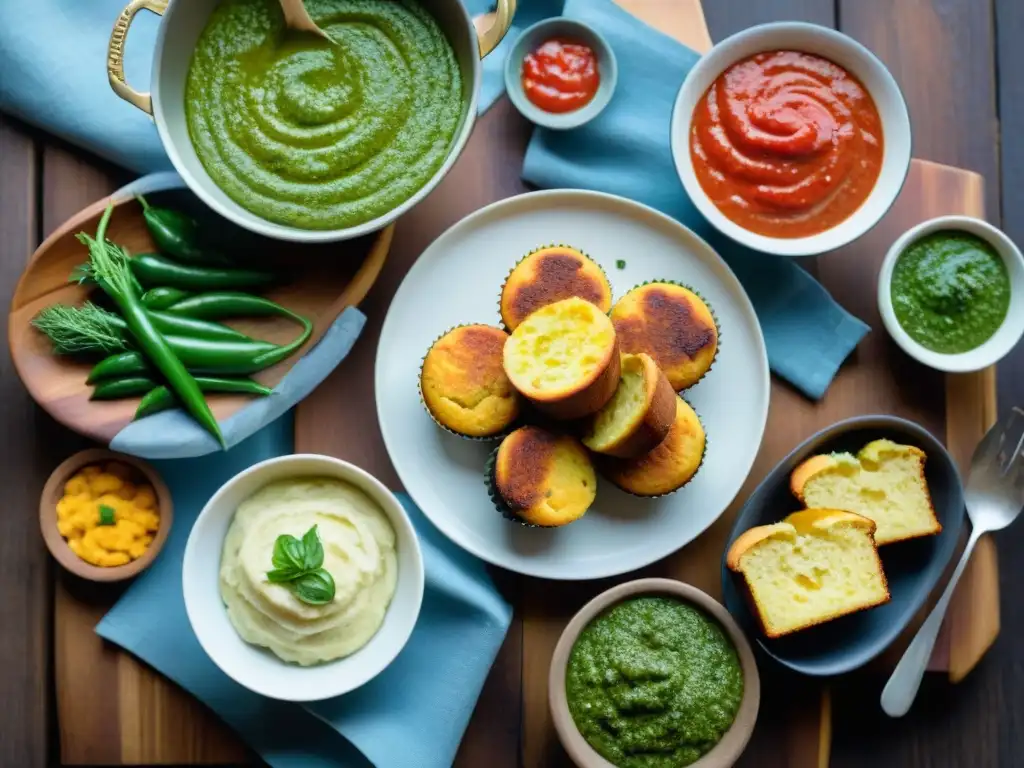 Una variedad vibrante de platillos y salsas coloridos, destacados en una mesa de madera rústica