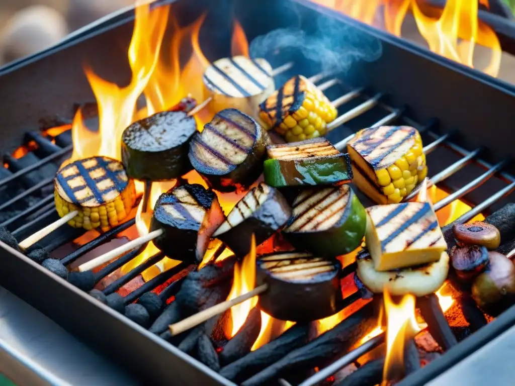 Deléitate con una variedad vibrante de proteínas vegetales en parrilla, cocinadas a la perfección en un entorno al aire libre al atardecer