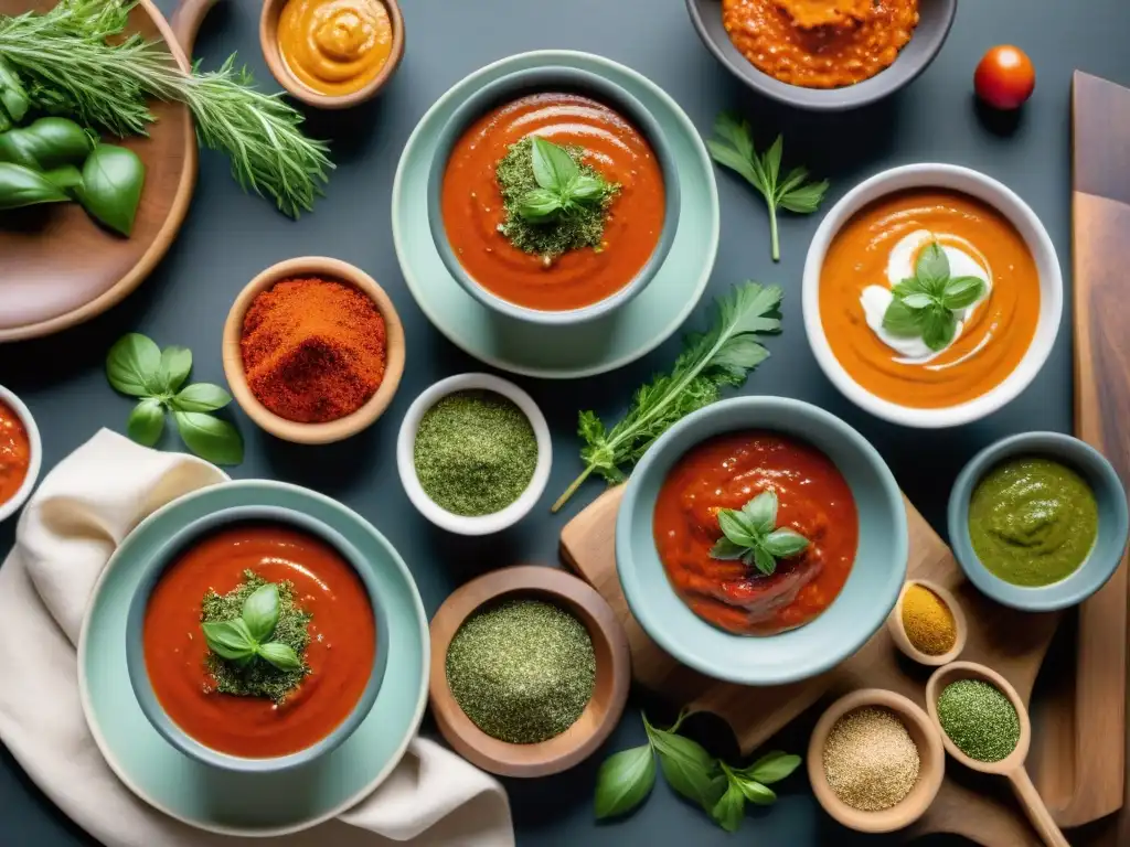 Una variedad vibrante de salsas saludables para asado uruguayo en elegantes cuencos, sobre mesa de madera rústica con hierbas frescas