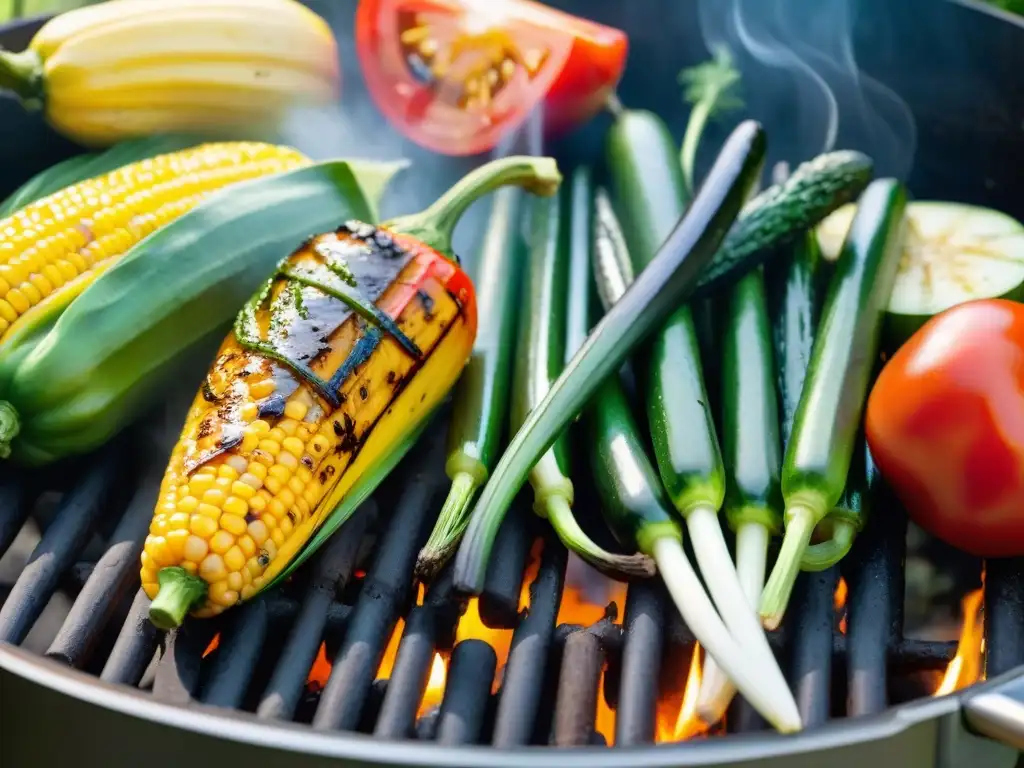 Una variedad vibrante de vegetales coloridos asándose en la parrilla bajo el sol, listos para un exquisito asado uruguayo recetas vegetales parrilla