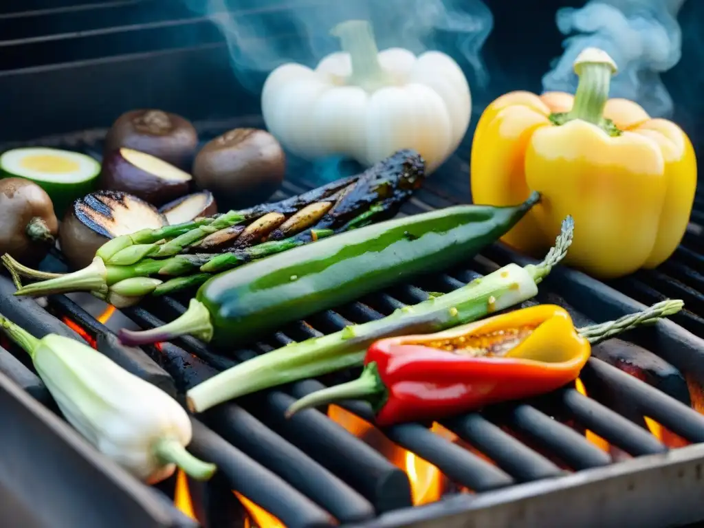 Una variedad vibrante de vegetales a la parrilla, con pimientos, champiñones, calabacines, maíz y espárragos