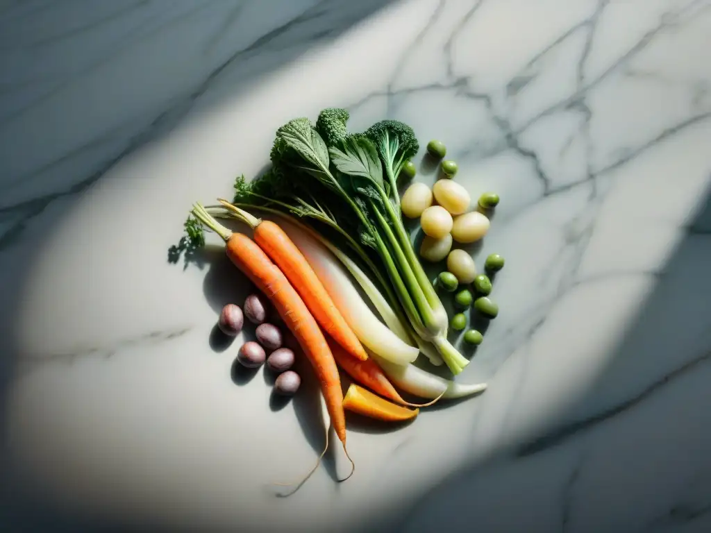 Una variedad vibrante de verduras frescas cortadas en dados sobre una encimera de mármol