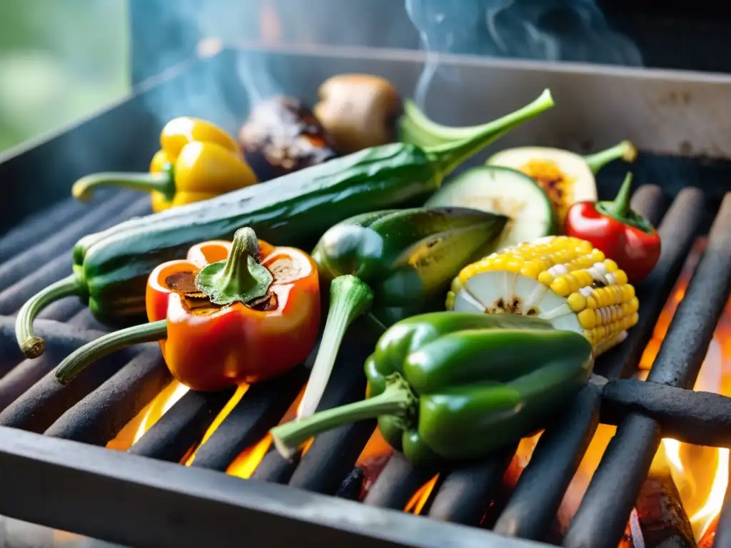 Una variedad vibrante de verduras a la parrilla en una parrilla caliente, representando la deliciosa experiencia del asado vegetariano en Uruguay