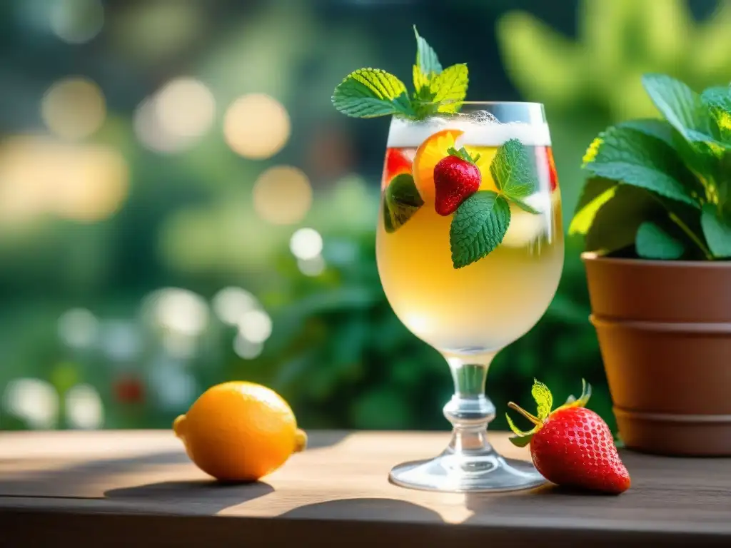 Un vaso helado con Medio y Medio, frutas frescas y un asado argentino en un jardín de verano, capturando la esencia de un día perfecto