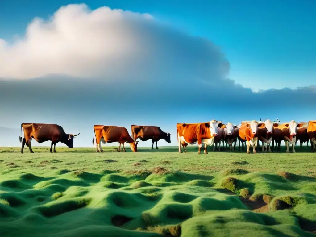 Un vasto campo verde en Uruguay donde un gaucho cuida de su ganado