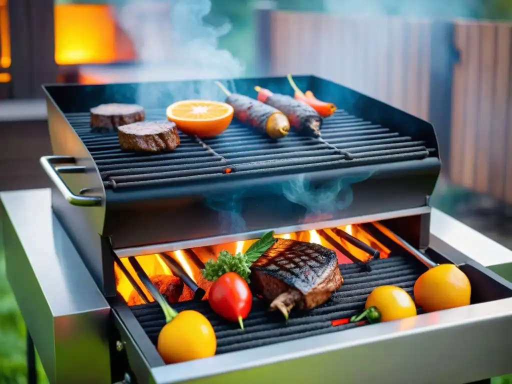 Carbón vegetal premium para asado: parrilla brillante rodeada de alimentos en una experiencia de barbacoa inolvidable