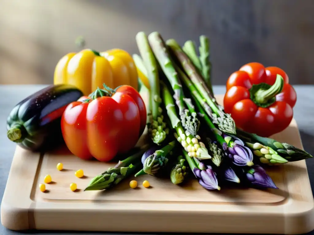 Vegetales de estación para asado dispuestos en tabla rústica con luz natural