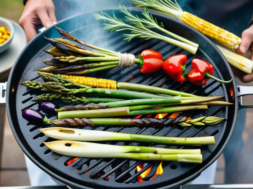 Vegetales en el asado uruguayo: Una explosión de colores en la parrilla con vegetales asados y hierbas frescas