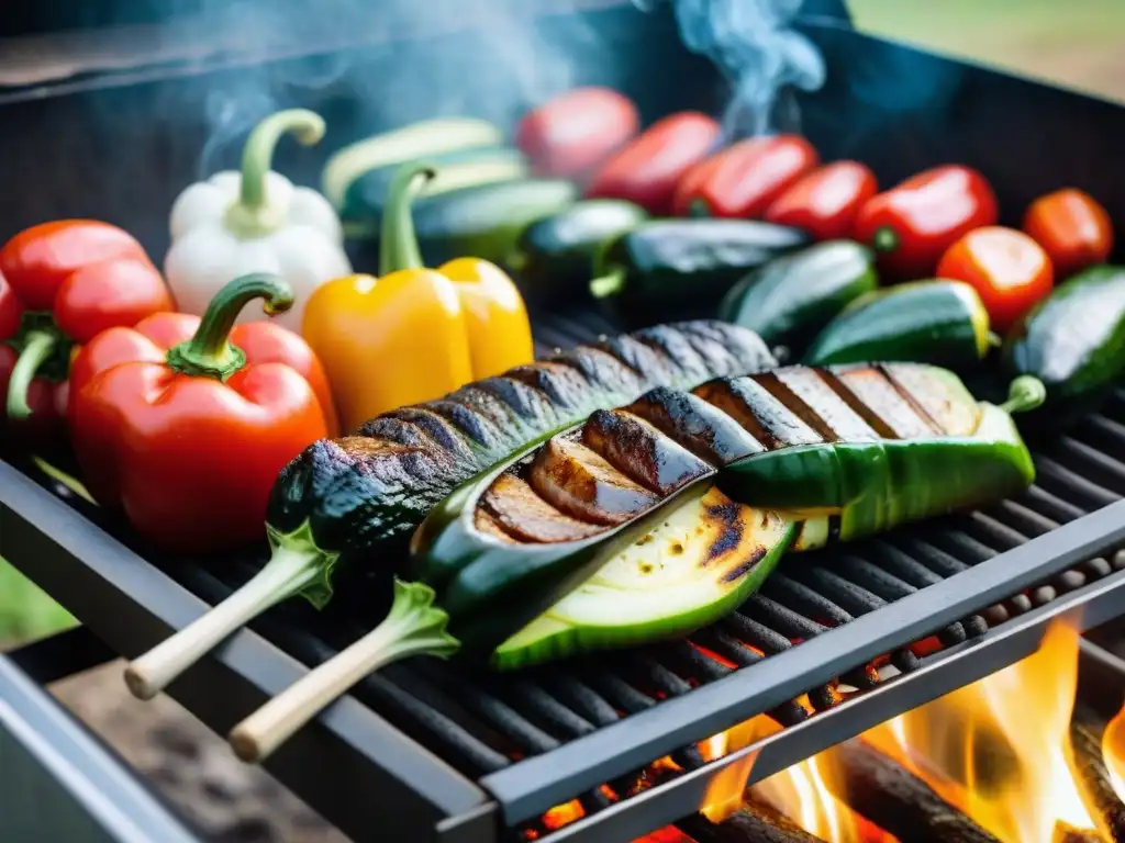 Vegetales en el asado uruguayo: Grill vibrante con verduras asadas, colores intensos y aroma tentador en día soleado